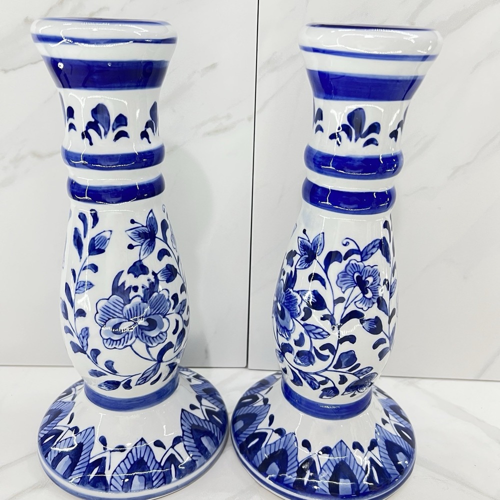 Blue & White Taper Candlestick Holder 9.5" Porcelain Country Cottage Floral Delf